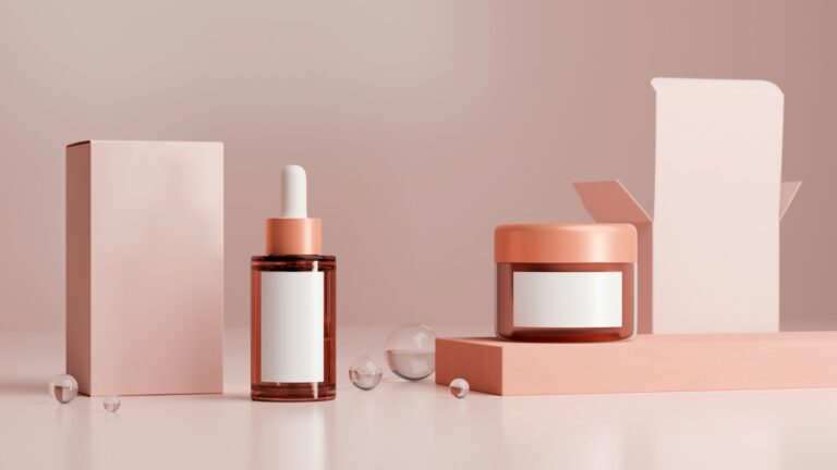 Skincare mockup with dropper bottle, jar of cream and boxes on pink background.
